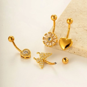 Gold stainless steel belly rings set featuring sunflower, heart, and butterfly zircon designs