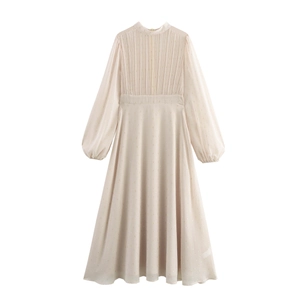 French Elegant Pleated Maxi Dress Chiffon Long Lantern Sleeve High Waist Metallic Thread Gold Polka Dots Stand Collar
