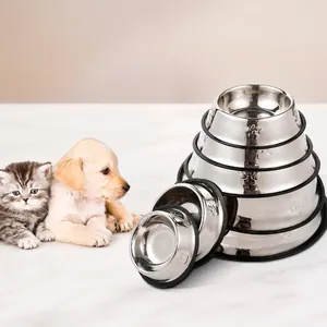 Pet Bowl Stainless Steel Anti Slip Dog Cat Food Water Basin Rust Proof Feeding Bowl With Rubber Base Paw Print