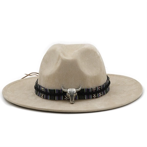 Sand yellow faux suede cowboy hat with ethnic band and silver steer skull ornament