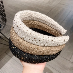 French padded rhinestone headband in tweed fabric shown in white, khaki and black