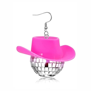 Pink cowboy hat disco ball earrings with reflective mirrored surface for party styling