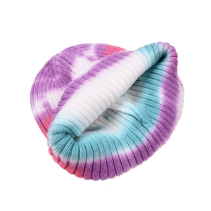 Tie-dye ribbed knit beanie for winter in purple and blue tones, unisex warm style