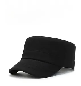 Detailed view of black canvas military flat top cap showing stitching and curved brim