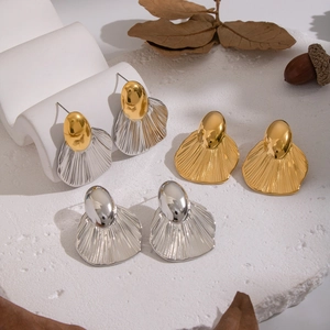 Minimalist geometric leaf fan earrings in gold, silver, and dual-tone metallic finishes