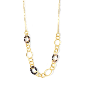 Long gold sweater necklace with handmade leopard print resin and stainless steel links