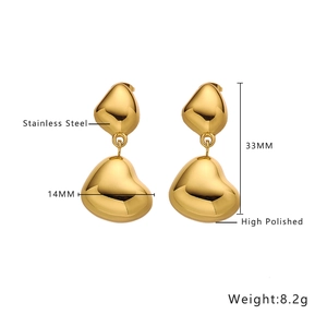 Polished gold heart drop earrings in stainless steel with 33MM length measurements