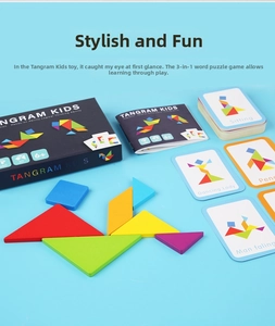 Close-up of colorful wooden tangram puzzle set with reference cards and storage box