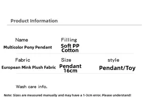 Detailed product specs of the 16cm pony plush keychain made with soft PP cotton and mink fur