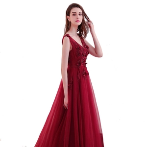Elegant wine red V-neck evening gown with 3D floral embroidery and tiered tulle skirt