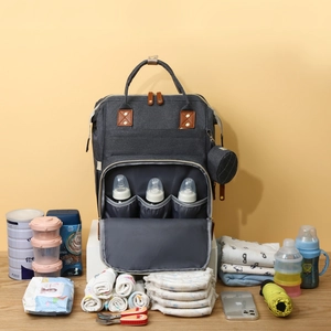 Large capacity dark gray diaper backpack with stroller straps and thermal bottle pockets
