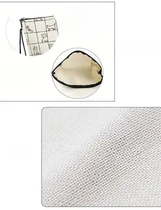 Detail of linen makeup bag showing cat pattern, durable zipper and spacious inner lining