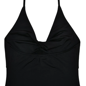 Detail of black halter dress featuring a deep V-neckline and front knot design texture