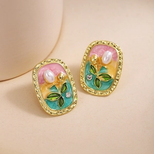 French retro oval pearl drop earrings with colorful oil painting enamel and gold frame