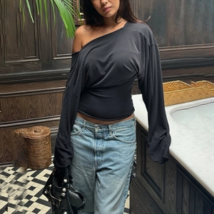 Slim fit black off-shoulder V-neck long sleeve top for women with elegant draped fabric