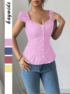Women Vertical Striped Blouse Woven Polyester Square Neck Short Sleeve Button Down Ruffle Hem Elegant Slim Fit Top
