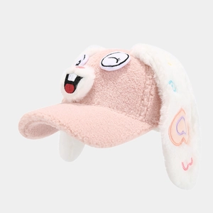 Süße rosa Plüsch-Hasen-Basecap mit langen Ohren und Cartoon-Stickereien für Damen