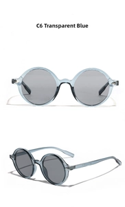 Detail view of transparent blue vintage round sunglasses with CE certification marks
