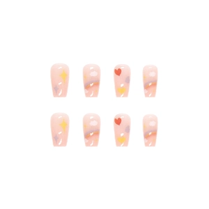 Rainbow and star themed medium-long ballet press-on nails in translucent nude pink