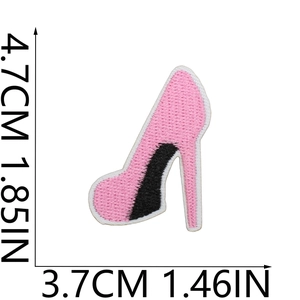 Pink high heel shoe embroidery patch with dimensions showing detailed stitching and size