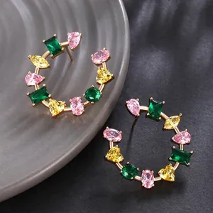 C Shaped Hoop Earrings Brass 18K Gold Plated Irregular Mixed Zirconia Geometric Elegant Jewelry Women Banquet