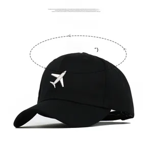 Detailed size specifications of black baseball cap with white airplane embroidery