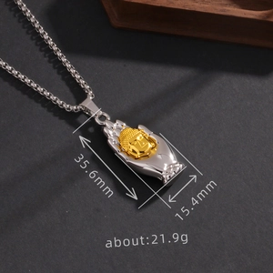 Buddha Head In Palm Pendant Necklace Copper Two-Tone Gold And Silver Plated Trendy Retro Jewelry For Men