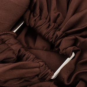 Dark brown pleated one-shoulder dress with glossy elastic fabric and metallic buckle