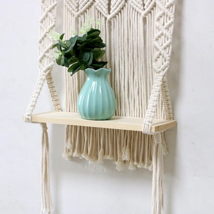 Handmade boho cotton rope macrame wall hanging shelf with wood display floating rack