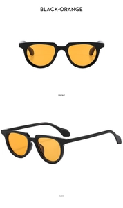 Front and side views of stylish black frame sunglasses with vibrant orange lenses