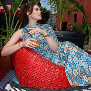 Retro geometric print maxi dress with chain patterns and sleeveless high neck design