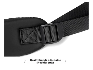 Detail of adjustable padded shoulder straps with durable plastic buckles on a black backpack