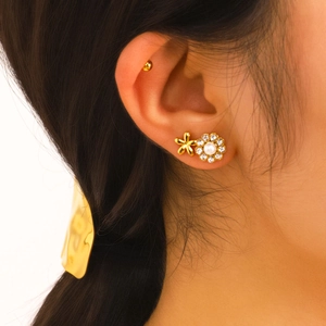 Floral Ball Artificial Pearl Rhinestone Stud Earrings Stainless Steel 18K Gold Plated Hypoallergenic Waterproof Jewelry Women