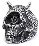 Detailed view of vintage punk skull ring with horns in antique silver stainless steel
