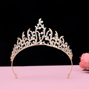 Detailed close-up of a golden baroque crown with intricate rhinestones on a pink base