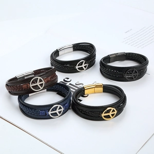 Men's punk leather bracelets with owl magnet clasp and peace symbol charms in various colors