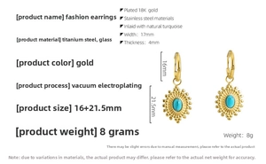 Détail des boucles d'oreilles tournesol en acier inoxydable doré avec turquoise bleue