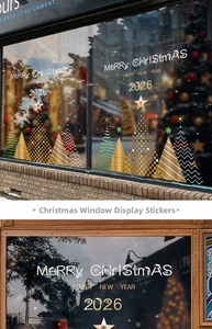 Golden Christmas 2026 window decals with Merry Christmas text and geometric trees