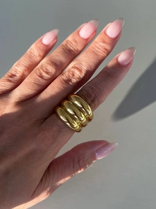 Macro view of triple-layer 18K gold-plated stainless steel ring with polished finish