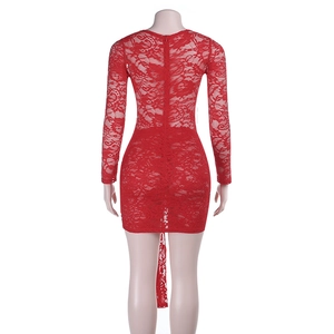 Detail of red floral lace dress back view with delicate texture and zipper closure