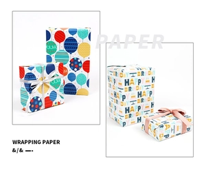 Detail view of birthday wrapping paper with colorful balloons and Happy Birthday patterns