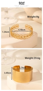 Detail of two gold cuffs: intricate floral cutout design and wide brushed metal texture