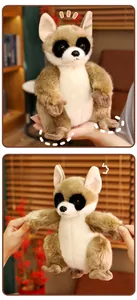Close-up of a plush raccoon toy featuring soft faux fur and realistic large eyes detail