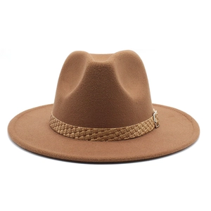 Classic brown wool fedora hat with a woven decorative band and wide brim for men and women