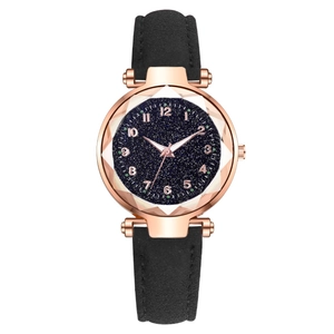 Women Quartz Watch Starry Sky Dial Geometric Cut Glass Analog Leather Strap Fashion Elegant Chic Wristwatch
