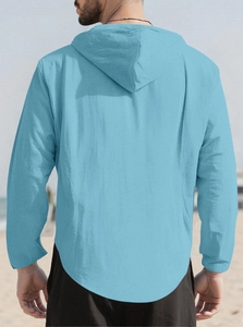 Back view of a casual sky blue hooded long sleeve shirt in breathable cotton fabric