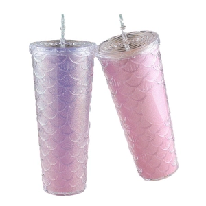 Sparkly mermaid scale double-walled plastic tumbler with straw and glitter finish