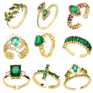 Adjustable Green Zirconia Copper Ring Fashion Gold Plated Heart Water Drop Crown Open Rings For Women