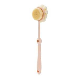 Pink double-sided long handle bath brush with soft bristles and foaming sponge