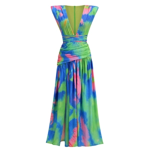 Deep V-neck sleeveless tie-waist maxi dress featuring a vibrant tie-dye print pattern